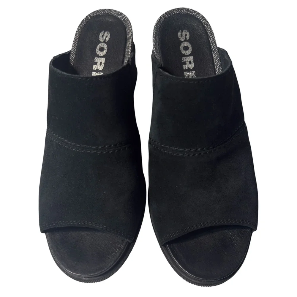 Sorel Black Joanie Slide Wedge Sandal 7.5 Womens Suede Excellent Condition